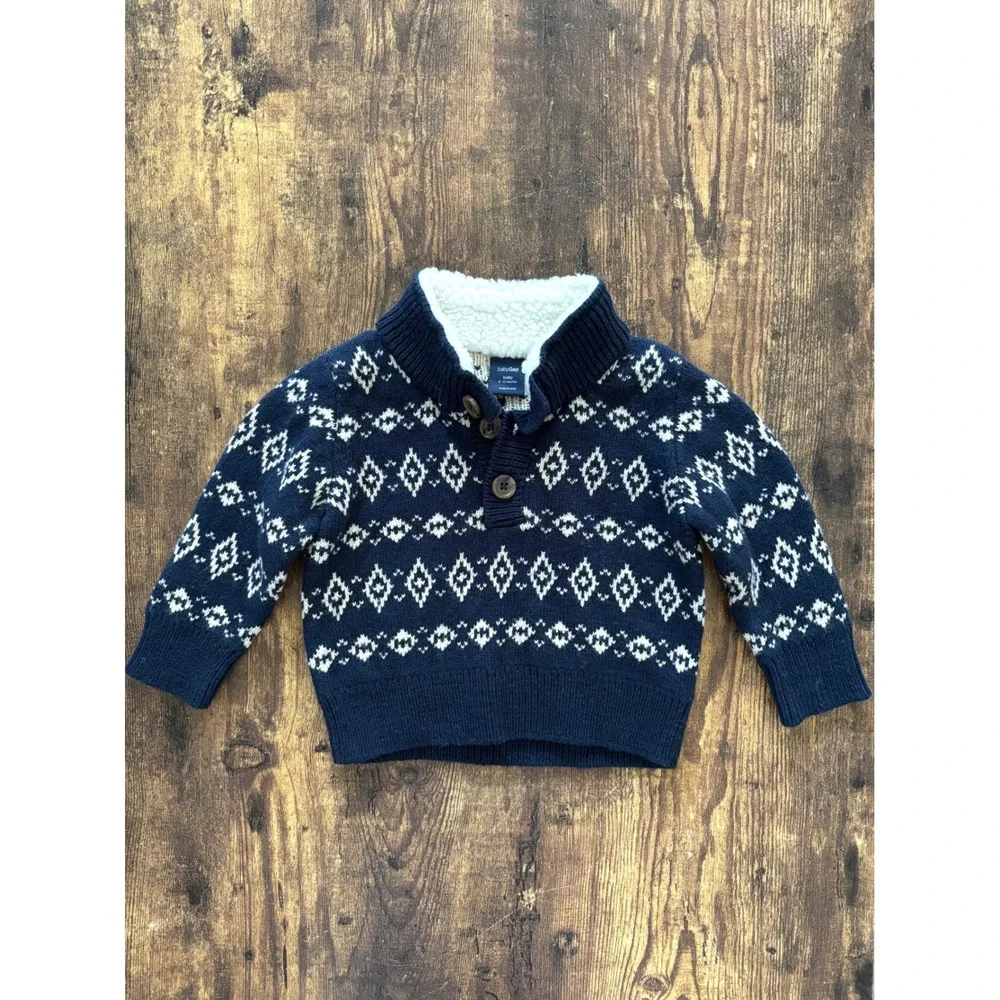 Baby Gap Navy Blue Fair Isle Fleece Lined Shawl Collar Sweater 6-12 Months
